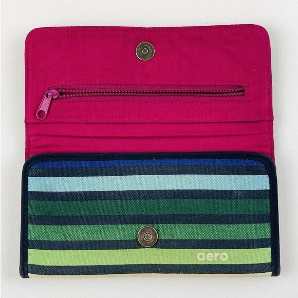 Aeropostale Canvas Striped Trifold Snap Closure Wallet Vintage Green Magenta Wom - Picture 1 of 7